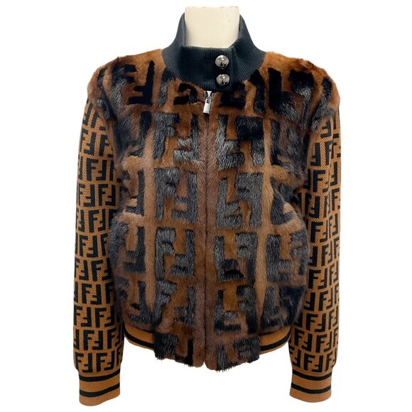 Fendi Brown / Black Mink Fur and Stretch Jacquard Knit FF Bomber Jacket - Picture 1 of 6
